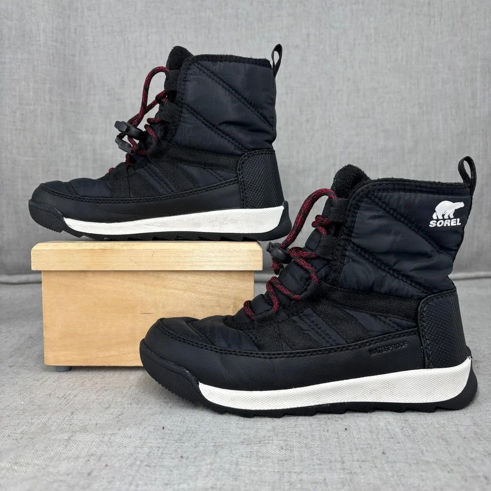 Sorel Whitney II Short Lace Boots Black Red Waterproof Snow Winter Kids Size‎ 1